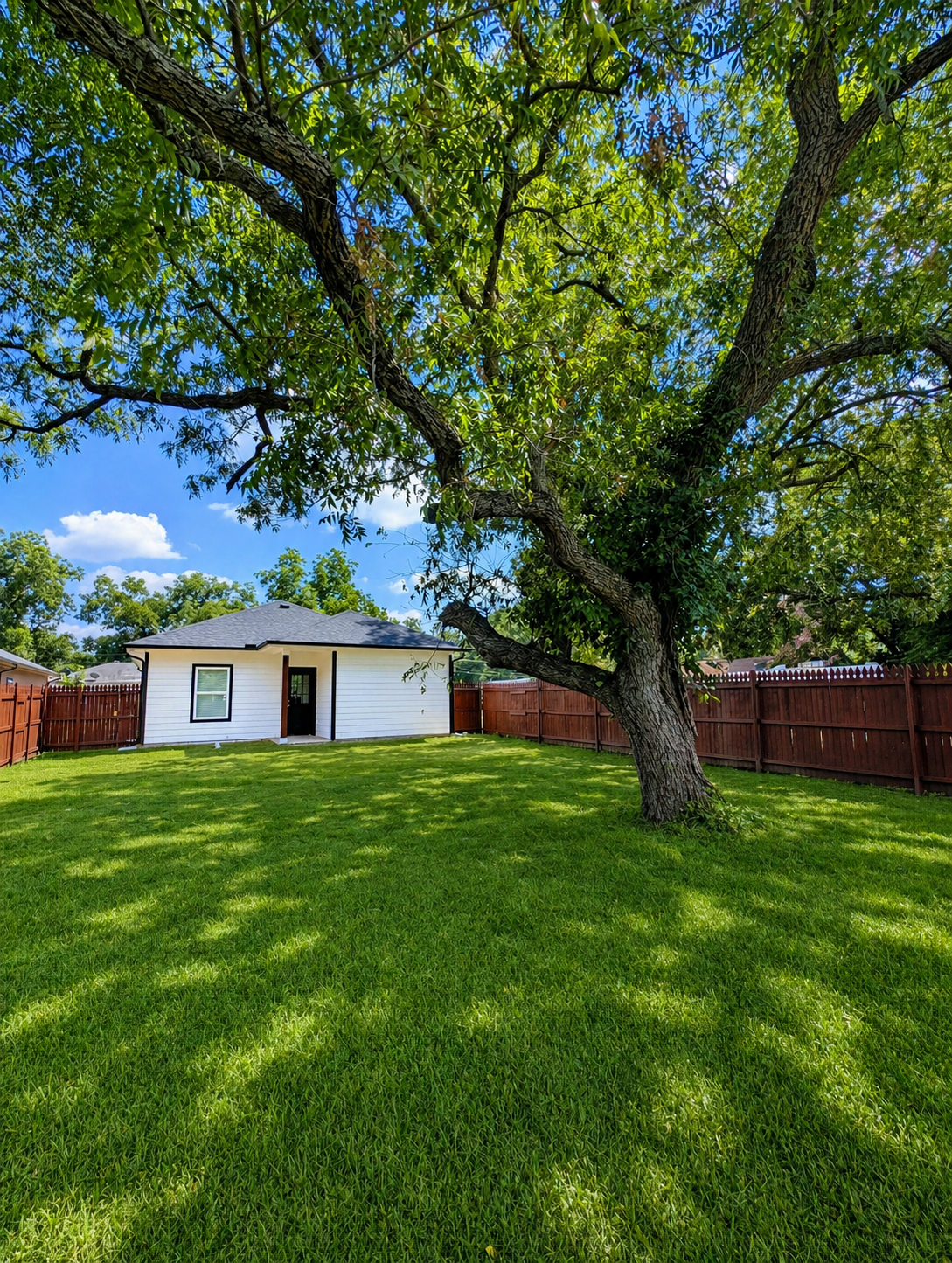 Well-maintained property with mature tree